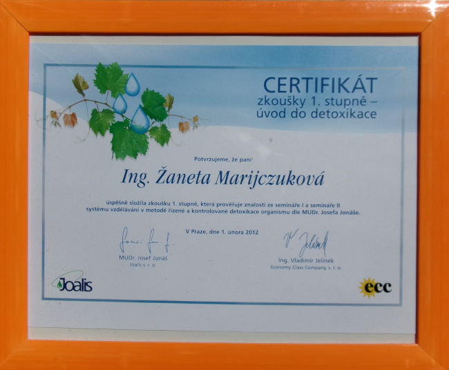 Detoxikace organismu Liberec-certifikát terapeuta-Marijczuková